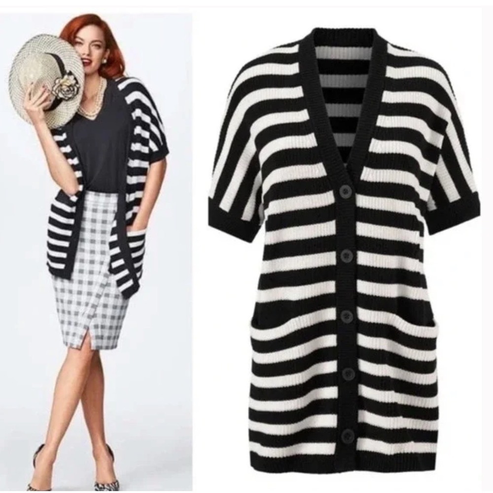 CABI 5289 Black & White Stripe WHISTLE CARDIGAN SWEATER Short Sleeve Pockets S